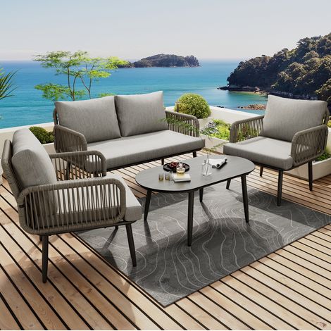 4-teiliges Garten-Loungeset aus verzinktem Stahl und Polyester in Grau, mit 2-Sitzer-Sofa, 2 Sesseln und Couchtisch (1/5)