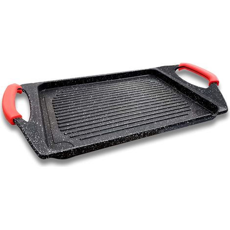 Grande Plancha/Grill Effet Pierre 42x27 cm Greblon C3 Sans PFOA - Poignées Silicone Amovibles-Tous Feux Dont Induction et Four Cuisson Viande, Poisson, Légumes, Fruits de Mer, Cuisine Saine (1/5)