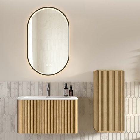 Ensemble de meubles de salle de bains avec lavabo, meuble vasque et miroir LED, meuble sous-vasque mural de 80 cm de large avec lavabo, miroir de salle de bains ovale à cadre noir, coloris chêne. (1/4)