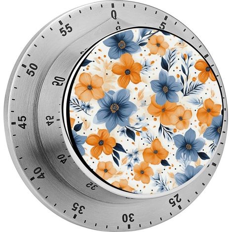 Minuteur à fleurs bleues et oranges sur fond blanc, magnétique en (1/5)