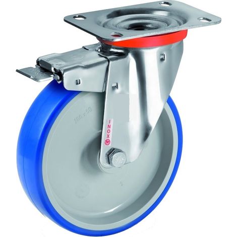 Roulette INOX pivotante à frein diamètre 100 mm roue polyuréthane BLEU-SOFT® - 120 Kg (1/2)