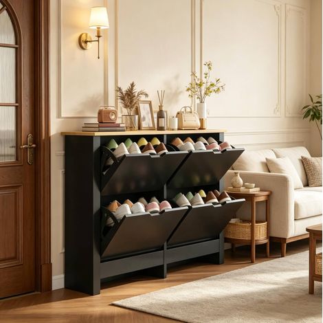 REDOM Schuhschrank 105x26x80 cm, 4 Klapptüren, verstellbare Trennwände, obere Ablage, Partikelplatte, schwarz (1/5)