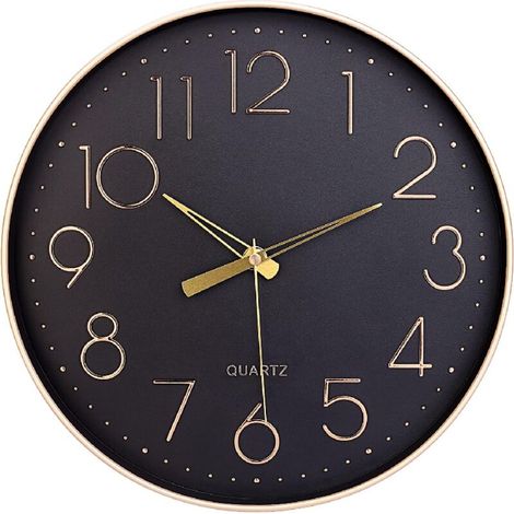Horloge murale noire de 30,5 cm, silencieuse, sans tic-tac, chiffres arabes, horloge murale ronde décorative pour salon, chambre, cuisine (pile non incluse), chiffres dorés (1/4)