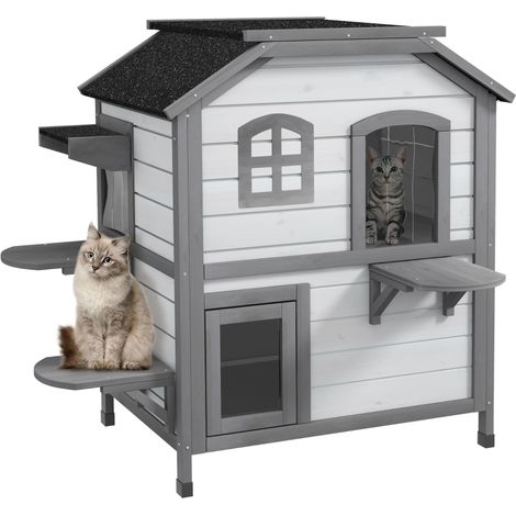 Maison à deux étages pour chats résistante aux intempéries, dimensions 99,5 x 76 x 91 cm, coloris blanc et gris (1/5)