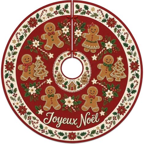 Cache Pied Sapin de Noel, Jupe de Sapin, Décoration Ronde Rouge de 90 cm avec Bonhommes en Pain d’Épice, Houx, Fleurs et Sucre d’Orge, Couvre-Support Rétro pour Salon et Maison (1/5)