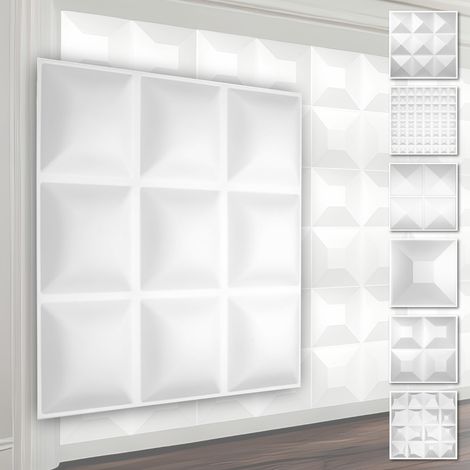 Pannelli murali 3D in plastica PVC - rivestimento murale bianco con ottica 3D - motivi piramidali: 5 mq 20 pannelli, HD033 (1/5)