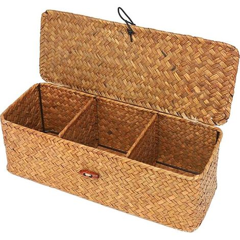 Panier de Rangement 3 Compartiments 32x12x10cm - Corbeille Tressée Main avec Couvercle pour Salle de Bain/Cuisine/Chambre (1/5)