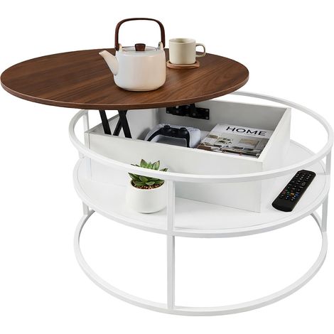 Mesa de centro Relaxdays, altura ajustable con almacenaje, 46 x 80 cm, tablero elevable, MDF, hierro, blanco/marrón