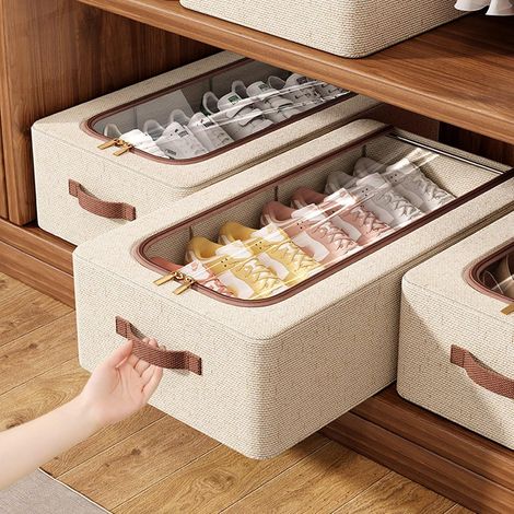 Lot de 2 organisateurs de chaussures pour placard, bacs de rangement, organisateur de chapeaux, boîtes de rangement sous le lit, boîtes de rangement pliables et empilables pour ranger chaussures, vête (1/5)