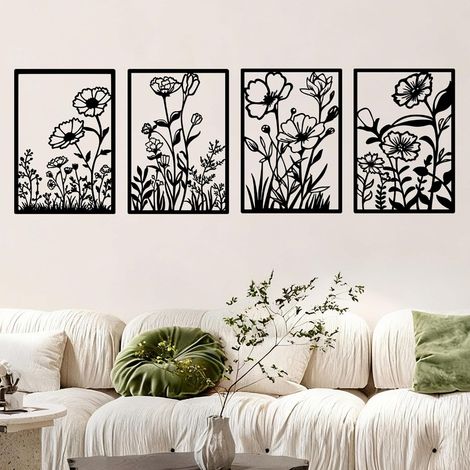Lot de 4 décorations murales abstraites en métal noir à suspendre pour chambre à coucher, salon, salle de bain, 40 x 28 cm (noir) (1/5)