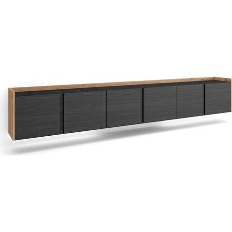 Skraut Home - Mobile TV Soggiorno, Ampio spazio a disposizione, 309x35x50cm, Per TV fino a 80", Sospeso, da appendere, LED, Stile moderno, Nero e rovere (1/5)