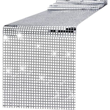 Runner De Table - Polyester Imperméable Anti-Huile Résistant Aux Décolorations Et Aux Déchirures - Effet Miroir À Paillettes Carrées Argentées - 180 cm x 30 cm Ou 275 cm x 30 cm (1/5)