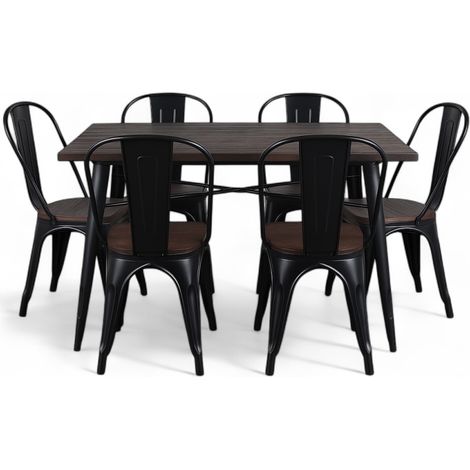 Ensemble Table et Chaises Style Industriel, Métal Noir Mat et Bois Naturel, 140x80 cm (1/5)