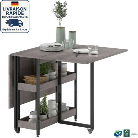 MODFU - Carrello da cucina in legno su ruote con tavolo pieghevole, 2 ripiani aperti, carrello da giardino, 80/133,4x80x75 cm, grigio (1/5)