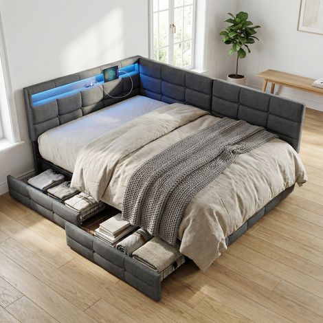 Letto matrimoniale 140x200 per adulti con 2 cassetti, letto imbottito trapuntato con LED e porte USB, testiera con contenitore e montaggio reversibile, lino, stile scandinavo, Grigio