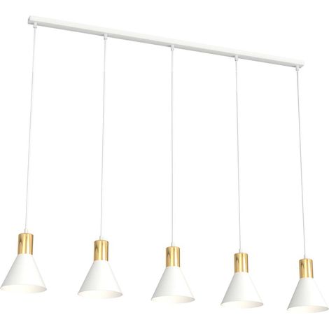 Lampadario 5 Luci Rosa In Acciaio Bianco E Paralumi Conici Bianco E Oro