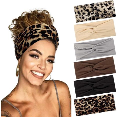 6 Pcs Bandeau Cheveux Femme, Antidérapant Bandeaux Mode Pour Femmes Sport Headband Elastique Cheveux Serre Tete Femme Adapté Yoga Fitness Exercice (Lmprimé Leopard, Couleur Unie) (1/5)