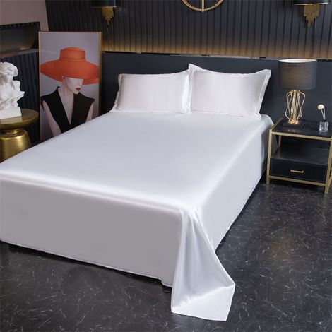 Drap Housse 180x230 cm, Ensemble de Literie en Soie Glacée Fraîcheur d'Été avec 2 Taies d'Oreiller, Blanc Pur (1/2)