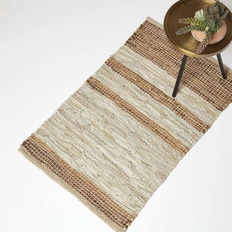 HOMESCAPES Lederteppich beige-braun gestreift 60 x 90 cm – Teppich aus Recycling-Leder (1/5)