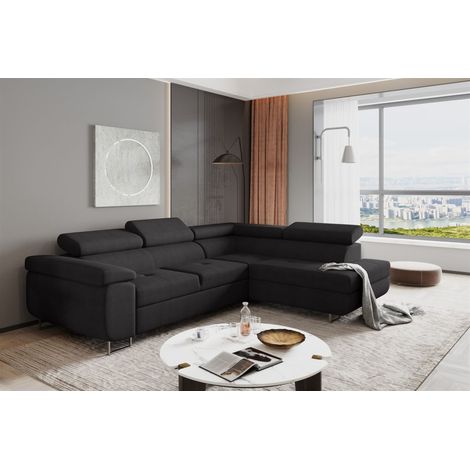 Ecksofa Sofa JADE Stoff Ontario Schwarz mit Schlaffunktion Ottomane Rechts (1/2)
