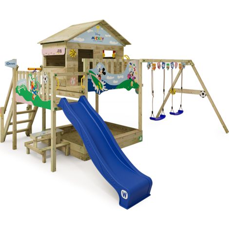 Wickey Wooden climbing frame Disney Saga with swing set and slide, Garden playhouse with sandpit, climbing ladder & play-accessories - Mickey & Friends