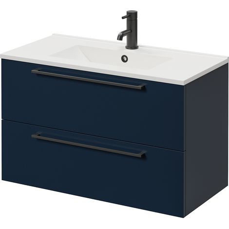 Napoli 390 Deep Blue 800mm Wall Mounted 2 Drawer Vanity Unit with Angel Basin - 800mm - Matt Black 480mm Handle