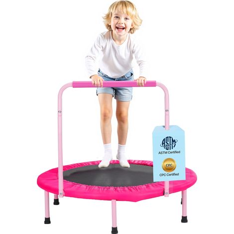 Mini trampoline pliable pour enfant, 955 x 750 mm, fitness rebounder pour tout-petits avec poignée, cadeau d'anniversaire pour enfants de 3 ans et plus, garçons et filles pour s'amuser, rose (1/5)