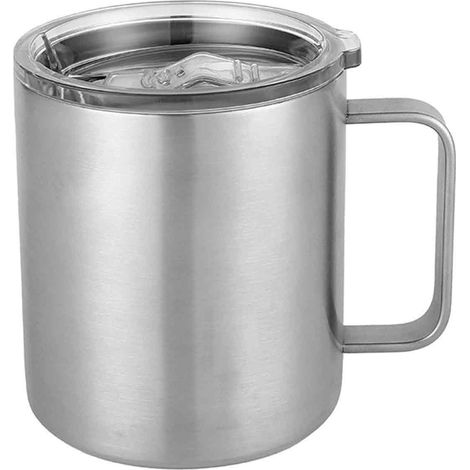 Isolierter Kaffeebecher (355 ml) mit Deckel, Edelstahl, doppelwandig vakuumisoliert, Reisebecher mit Griff, Edelstahl/Silber (803-019) (1/5)
