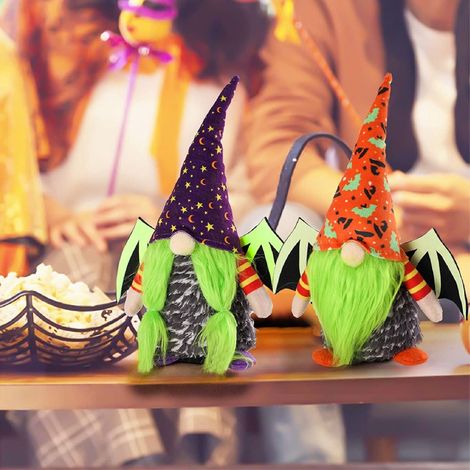 Lot de 2 gnomes d'Halloween en peluche avec ailes lumineuses pour décoration de plateau à étages, style Tomte suédois sans visage, pour ornements de table de style campagnard. (1/5)