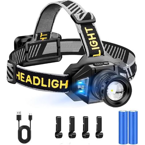 Linterna frontal LED recargable, superbrillante, 120.000 lúmenes, con 12 modos, sensor y clasificación de impermeabilidad IPX7, ajustable a 90°, para acampar y pescar. (1/5)