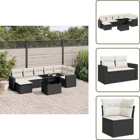 The Living Store Salon de jardin 8 pcs avec coussins noir résine tressée - Salon De Jardin - Meuble Extérieur - Set Salon - Résine Tressée - Rotin Synthétique (1/5)