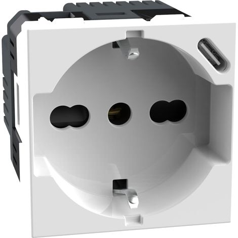 Prise Schuko Italienne P40 + Chargeur USB Type C, Quick Charge, Prise électrique avec alvéoles protégées, compatible avec prises italiennes/Schuko, 2 modules, blanc, JW4140A16USB (1/5)
