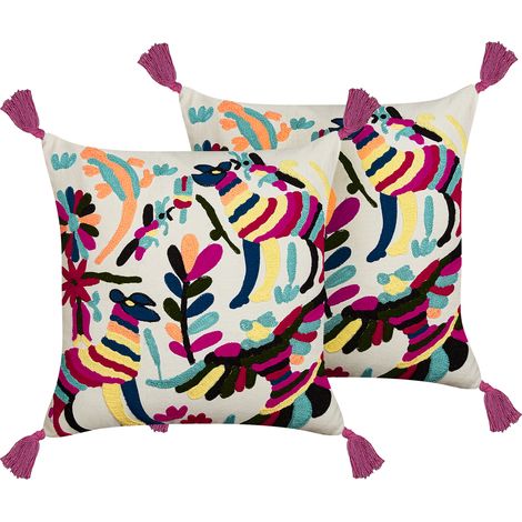 Conjunto de 2 cojines de algodón blanco rosa amarillo 50 x 50 cm lana Raiganj (1/5)