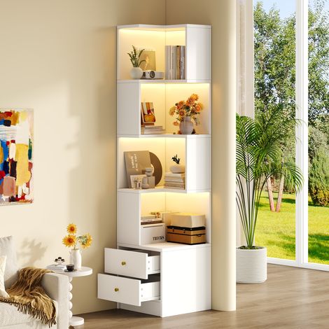 45 x 43,5 x 180 cm, étagère d'angle multifonctionnelle en forme de L, éclairage contrôlé par application, conception à plusieurs niveaux, grand espace de rangement, présentoir autoportant, blanc. (1/5)