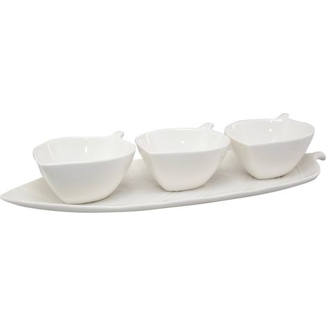 Set de 3 coupelles apéritif avec plateau feuille en céramique blanche 14 x 10,5 x 5,5 cm - PANGIVO (1/3)