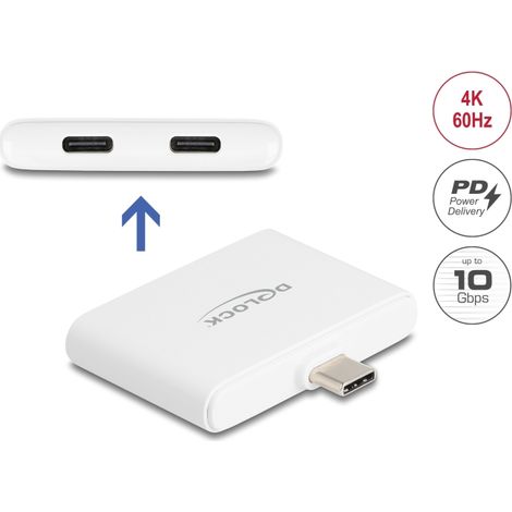 Delock Adaptador USB Type-Câ¢ a USB-Câ¢ Datos 10 Gbps y Video 4K 60 Hz + USB-Câ¢ PD 92 W