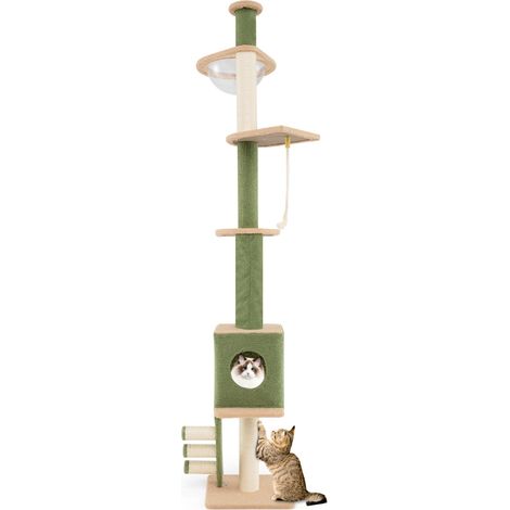 Arbre à Chat du Sol au Plafond avec Hauteur Réglable Poteau Supplémentaire Tour pour Chat à 5 Niveaux Capsule Spatiale Condo Vert et Marron (1/2)