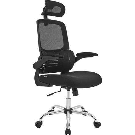 SONGMICS Chaise Bureau Ergonomique, Fauteuil Haut Dossier, Accoudoirs Pliables, Chaise en Maille avec Soutien Lombaire et Appui-tête Réglable, Mécanisme d’Inclinaison, Noir d’Encre (1/5)