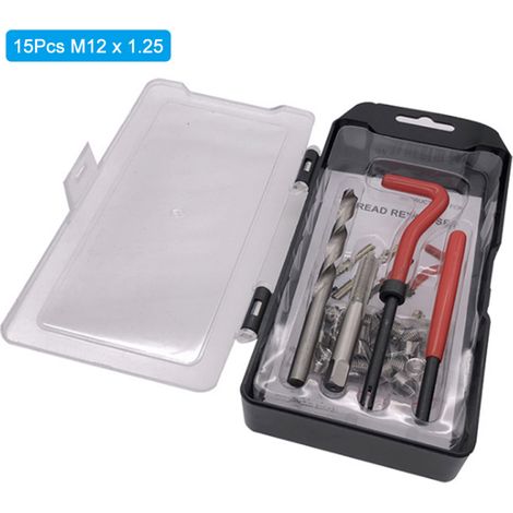 Kit de réparation de filetage M12 x 1,25 (15 pièces) compatible Helicoil pour filetages endommagés de 12 mm