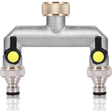 Répartiteur d'eau 2 voies 3/4", robinet en alliage de zinc, raccord d'eau, distributeur de tuyau d'arrosage avec adaptateur 1/2" et robinet d'arrêt individuel pour jardin, buanderie, etc (1/5)