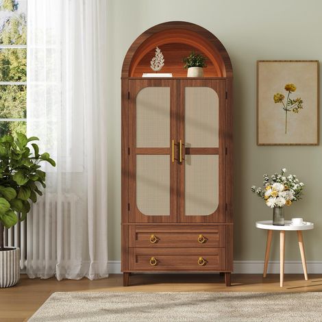 Moderner bogen-hochschrank sideboard mit app-led beleuchtung 76x40x179.5 cm - bücherregal vitrine mit rattan-türen und 2 schubladen - nussbaum (1/5)