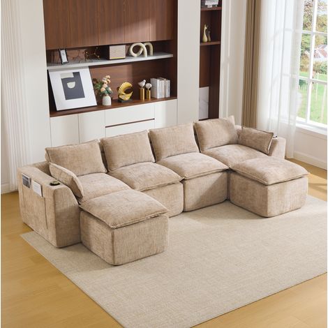 FloraGrace Canapé modulable 4 places 322 x 161 x 75 cm, chenille kaki, coussins, poches latérales (1/5)