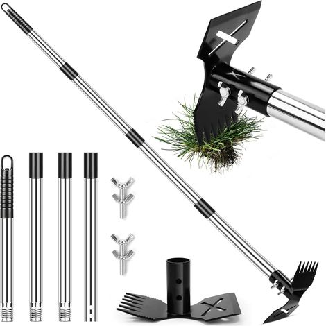 Désherbeur - Longueur 150 cm - Désherbeur avec long manche - Râteau à mauvaises herbes 2 en 1 et hachette de jardin - Outils de jardin robustes pour pelouse et parterre (1/5)