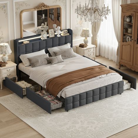 Letto matrimoniale 160x200 cm con 4 cassetti, letto per adulti con rete a doghe, testiera e illuminazione LED - stile nordico - grigio (1/5)