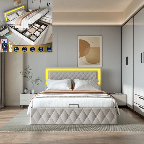 Lit Coffre 160 x 200 CM avec Sommier,Lit deux place avec LED,Lit 160 x 200 avec Rangement sous,tête réglable,strass,Velours,Beige