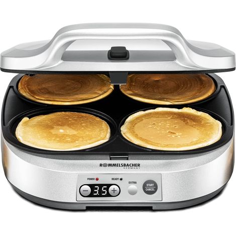 ROMMELSBACHER Pancake Maker PC 1800, 4 piastre da 13,5 cm di diametro, rivestimento antiaderente, timer da 15 minuti, spegnimento automatico, 1800 Watt, colore: argento (1/4)