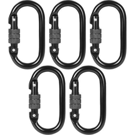 Lot de 5 Mousqueton Escalade Noir INOX - 20KN(2000KG), Mousqueton Verrouillable Carabiner Oval Steel avec Bouchon à Vis, Mousqueton Militaire Noir, Charge de 2000kg (1/5)