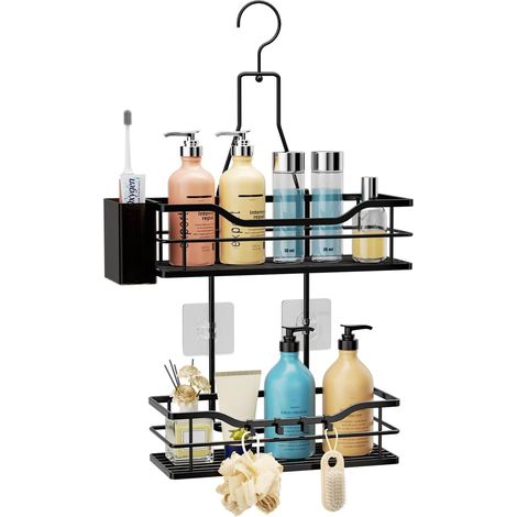 Étagère de douche à suspendre – Organiseur de douche à 2 niveaux avec 4 crochets, étagères de douche noires antirouille pour shampooing, après-shampoing et rangement de salle de bain (1/5)