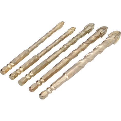 Set mit 5 Kreuzspitzenbohrern, Sechskantschaft, für Fliesen, Beton, Glas, Gold (1/5)