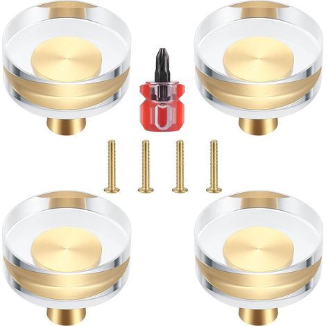 Lot de 4 Boutons de Porte en Cristal Transparent et Laiton pour Armoires, Tiroirs, Placards et Meubles - 30x27 mm (30x27 mm) (1/5)